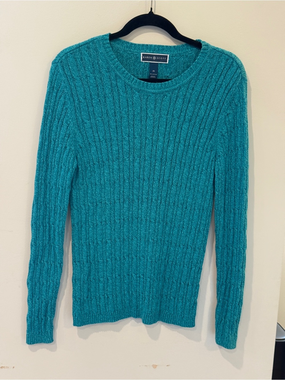 Karen Scott Teal Cable-Knit Crewneck Sweater